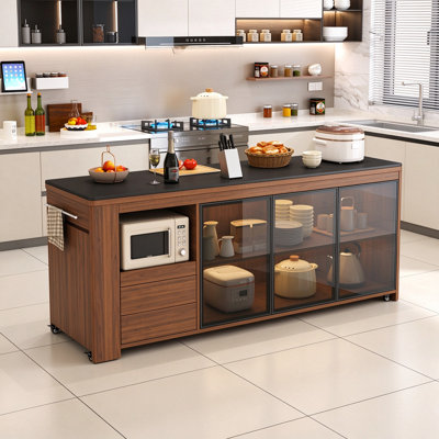 Chariot roulant avec rangement et grand comptoir, table mobile Trei avec station de préparation pour l'organisation de la cuisine à domicile