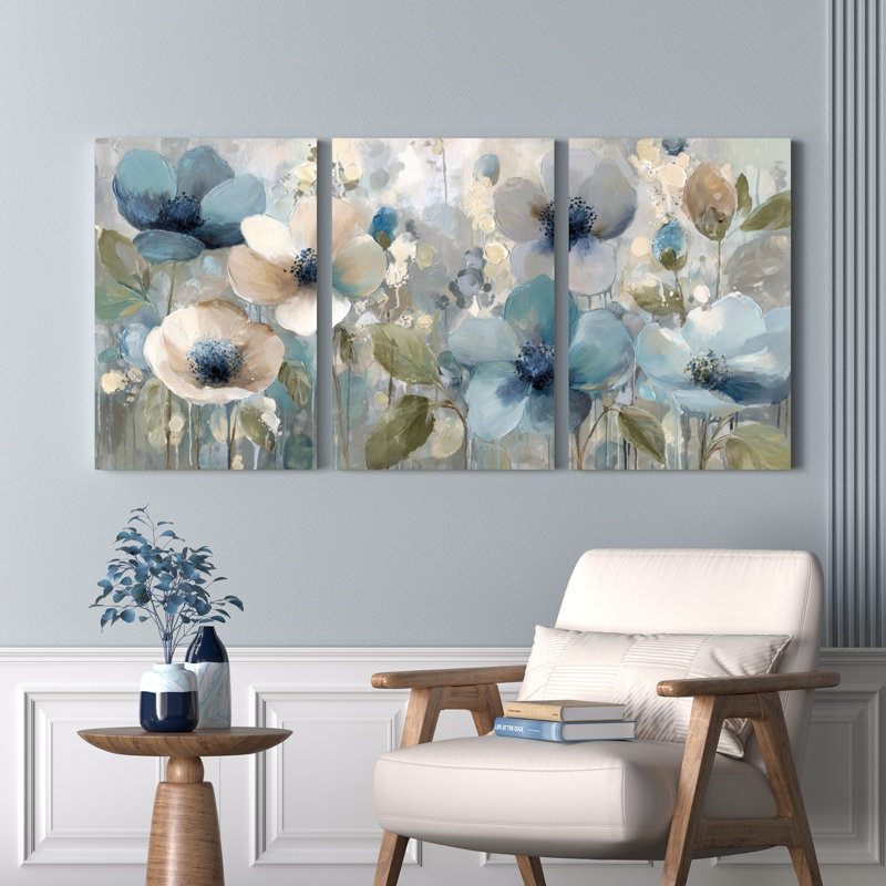 Ensemble de 3 tableaux muraux aquarelle à motifs floraux bleus et beiges sur toile tendue