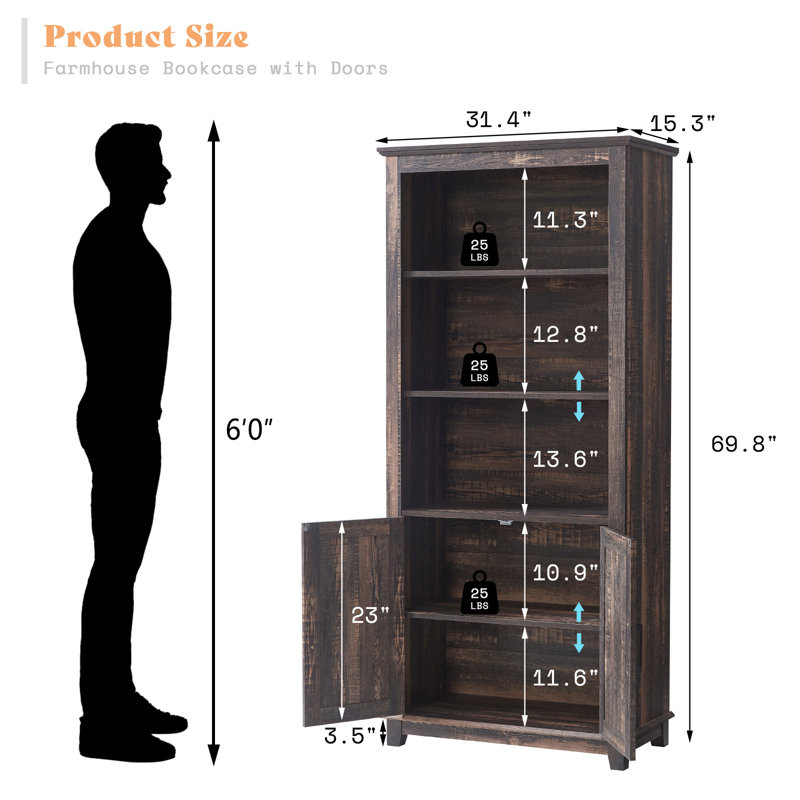 Chimira Farmhouse 69.8" H x 31.4" W 5 Tier Bookshelf with Adjustable Shelves & Barn Door, Black, Black