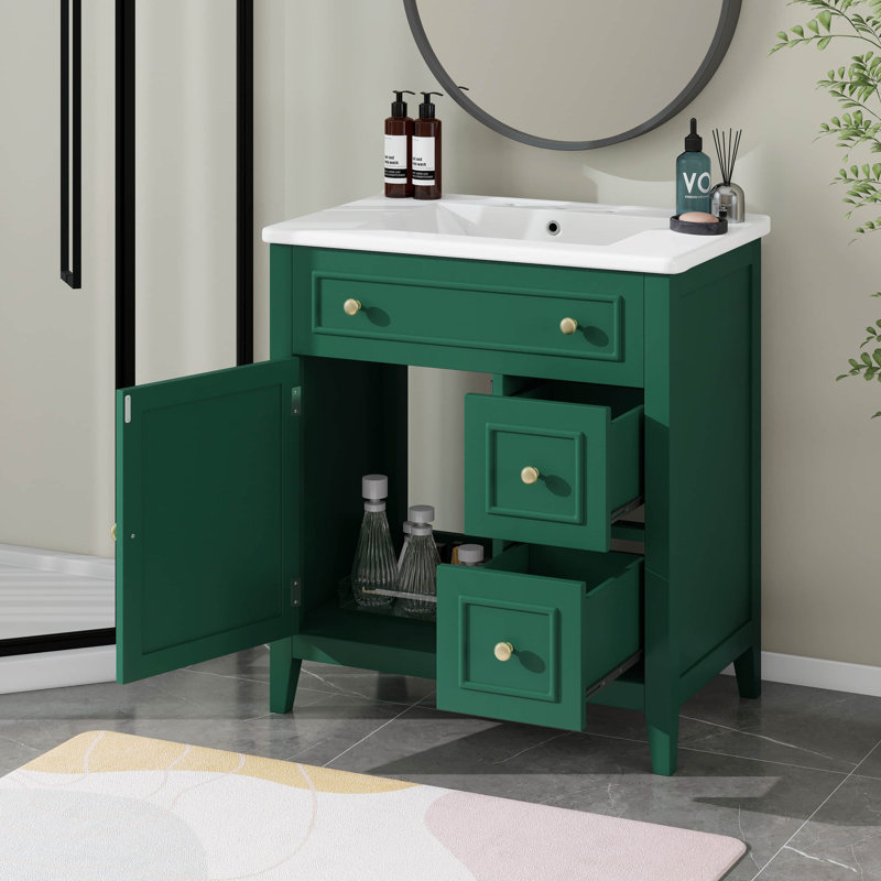 Meuble-lavabo 30 po avec comptoir de lavabo, structure en bois massif, armoire avec porte et 2 tiroirs, Vert