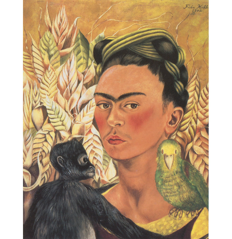 Autoportrait avec singe et perroquet par Frida Kahlo, toile tendue avec châssis, H 48 po x l 33 po