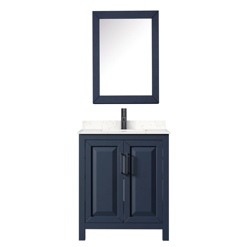 Daria 30'' Single Bathroom Vanity with Marble Top, Carrara Cultured Marble, Dark Blue, Brushed Gold