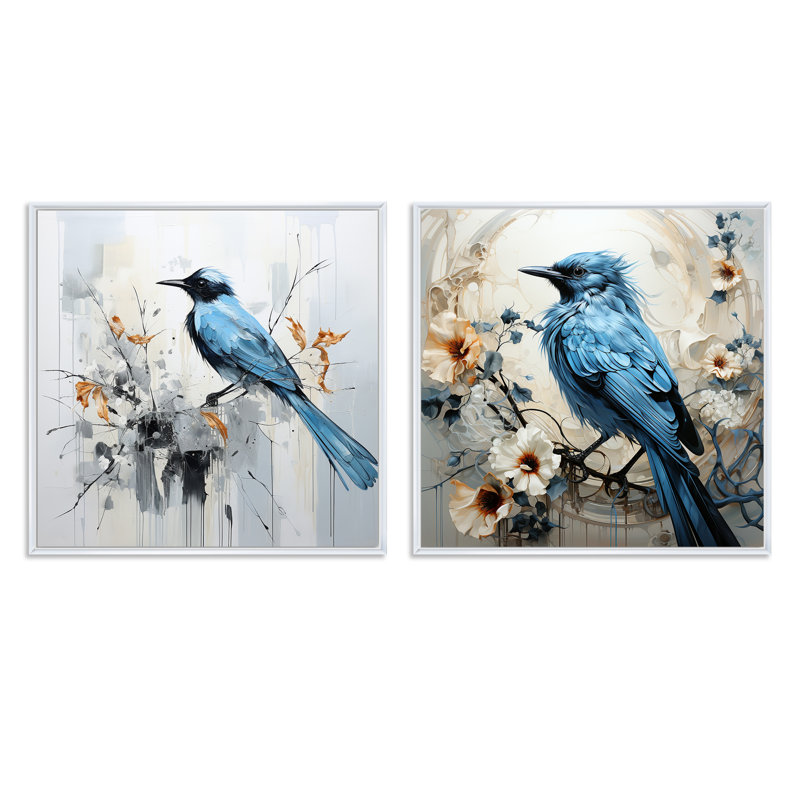 Oiseau bleu fleurs minimalistes - ensemble de 2 collages carrés assortis, Cadre flottant blanc, H 16 po x l 33 po