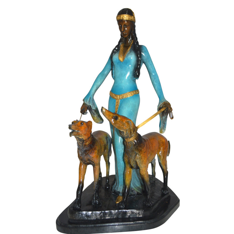Statue de dame avec ses deux chiens en bronze - Taille: L 18 po x l 12 po x H 23 po.