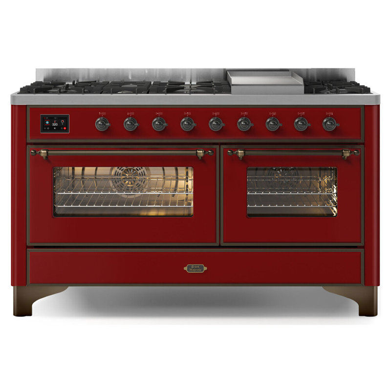 ILVE Majestic II Series 60 inch Dual Fuel Range with 9 Burners, Griddle (Glass Door), Liquid Propane, Glossy Black/Chrome