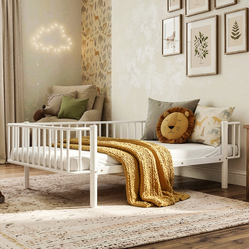 Lit de jour en métal, sommier à lattes en acier robuste, cadre de lit moderne pour chambre à coucher, Lit simple, Blanc