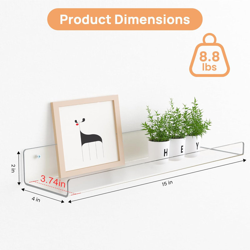 6 Pack Acrylic Shelves For Wall Storage, 15" X 4“ Floating Bookshelves For Kids, Display Shelf Organizer For Bathroom, Bedroom, Living Room, Kitchen, Room Decor, Clear