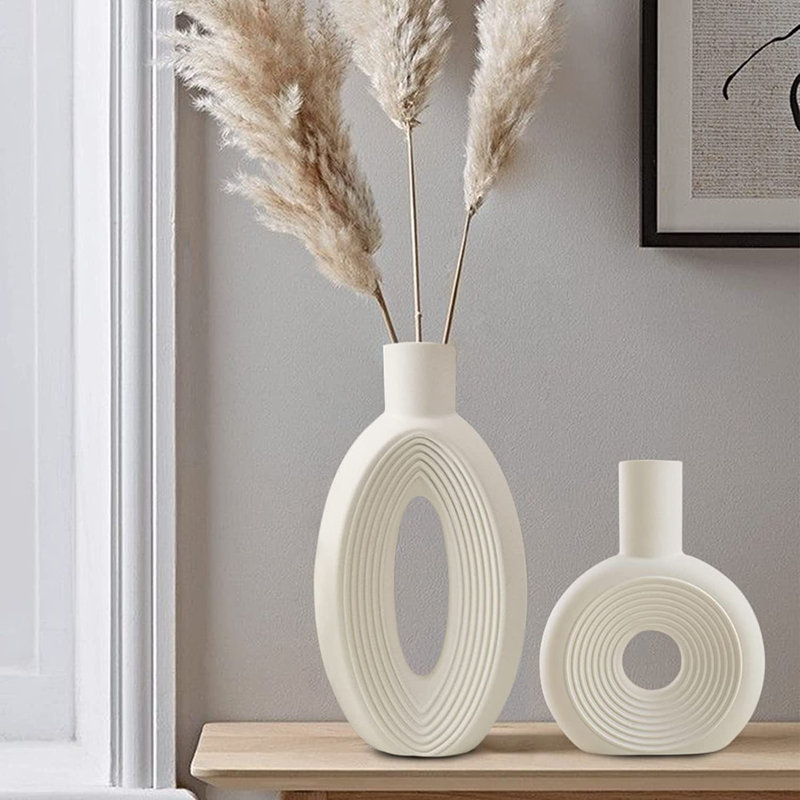 White Ceramic Hollow Center Vase Set for Modern Decor