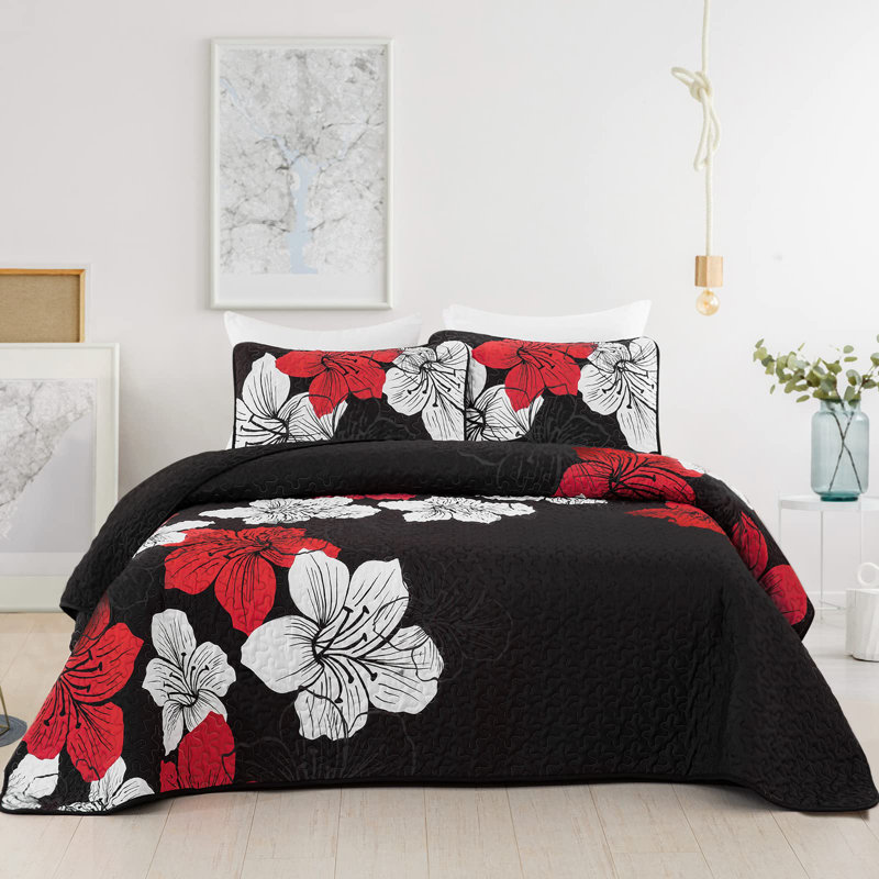 Ensemble de courtepointe à motif floral 3 pièces avec taies décoratives, Courtepointe pour lit grand + deux taies décorati