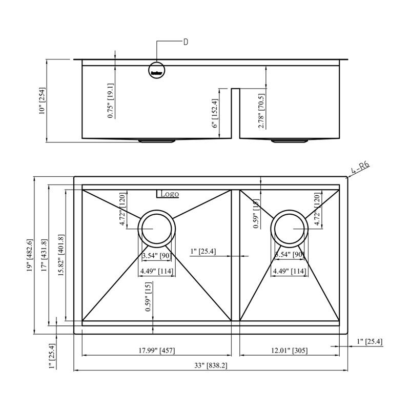 33" L x 19" W Undermount Double Bowl Kitchen Sink Workstation Low-Divide 60/40 Stainless Steel Sink
