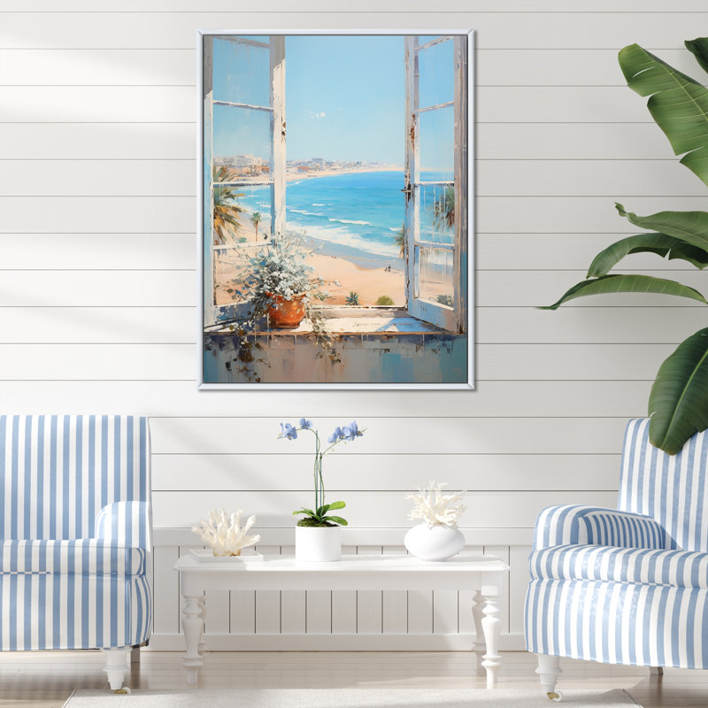 «California Shoreline Window View III - Coastal Windows», art mural, Cadre flottant blanc, H 44 po x l 34 po