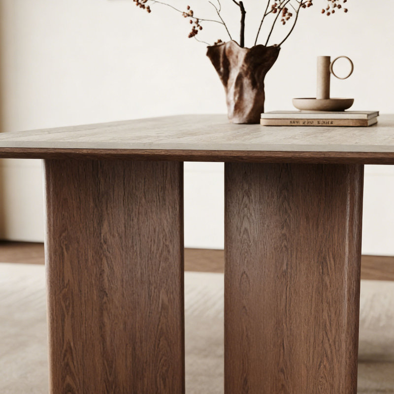 Table Mid-Century rectangulaire en bois et pierre, 7 Pieces: Table, 6 Chairs, H 26,9 po x l 70,9 po x P 35,4 po