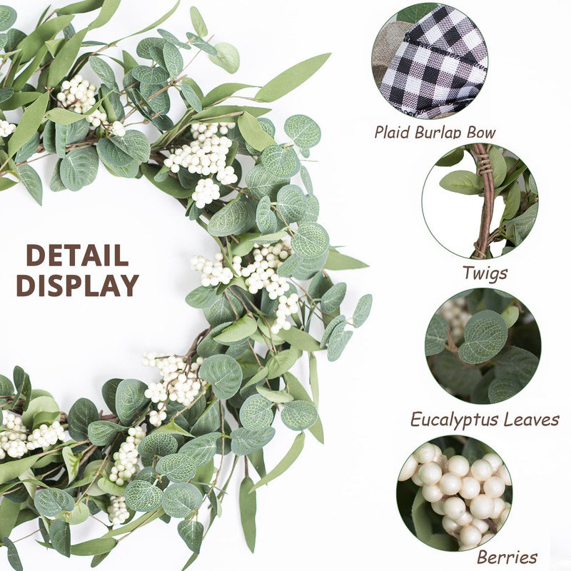 20'' Green Artificial Eucalyptus Wreath with Bow for Front Door
