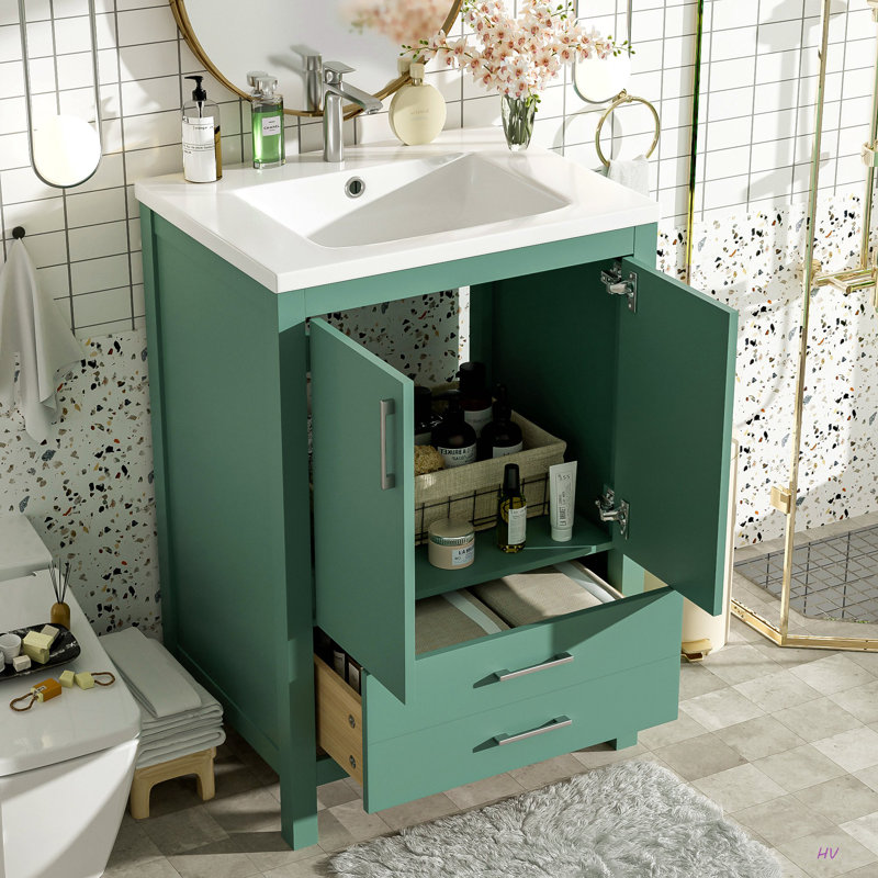 Meuble-lavabo 24 po avec lavabo en céramique, meuble Storae autoportant moderne avec poignées, portes à fermeture douce