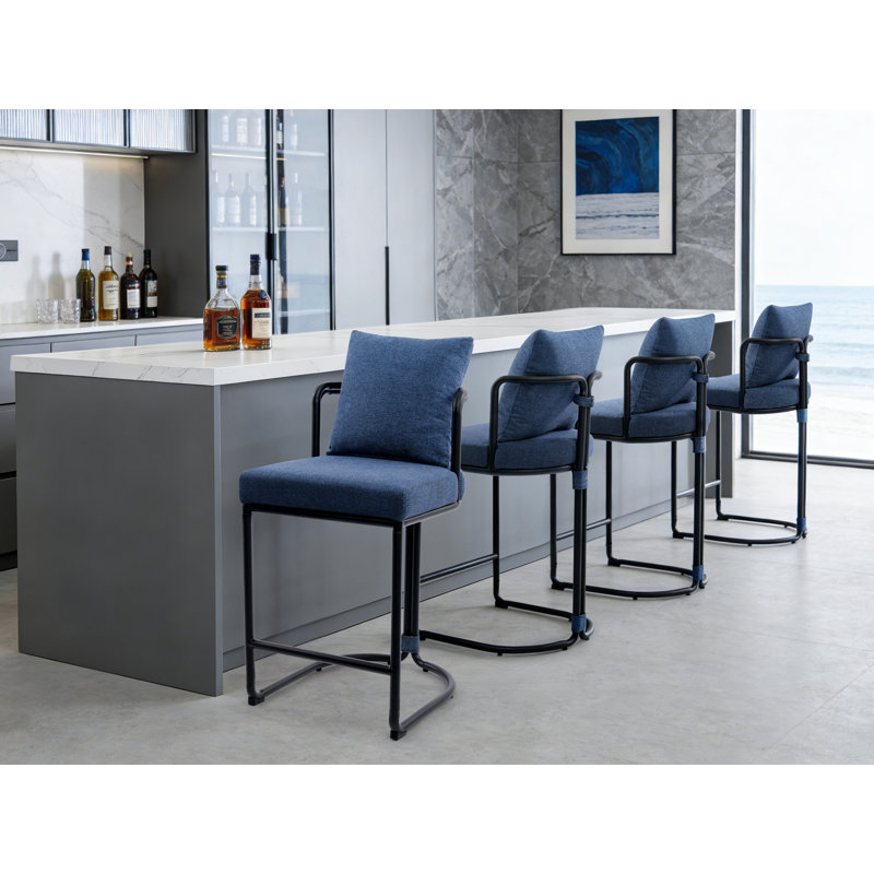 26'' Chenille Counter Stools With Backrest & Metal Frame, Modern Upholstered Bar Chairs For Kitchen Island, 4, Blue
