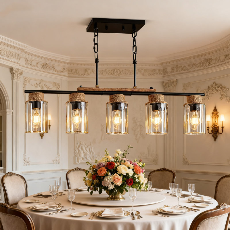 Lustre linéaire à 5 lumières pour îlot de cuisine, luminaire suspendu noir moderne avec abat-jour en verre ondulé, hauteur de suspension réglable, compatible avec douille E26