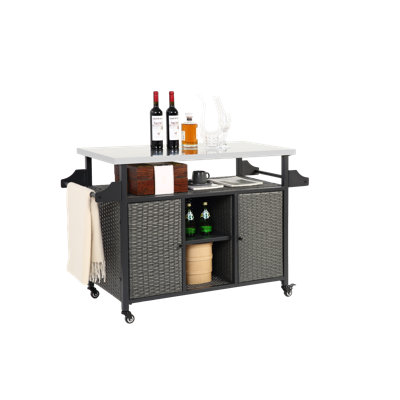 Outdoor Kitchen Wicker Island Rolling Cart Bar Cart With Storage Cabinet by Red Barrel Studio