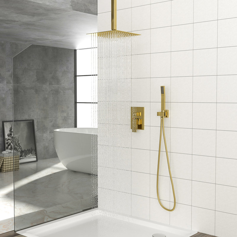 Gold Dual Shower Head - 16 Inch Ceiling Mount Square System With Adjustable Flow Rate Handheld And Valve, Gold