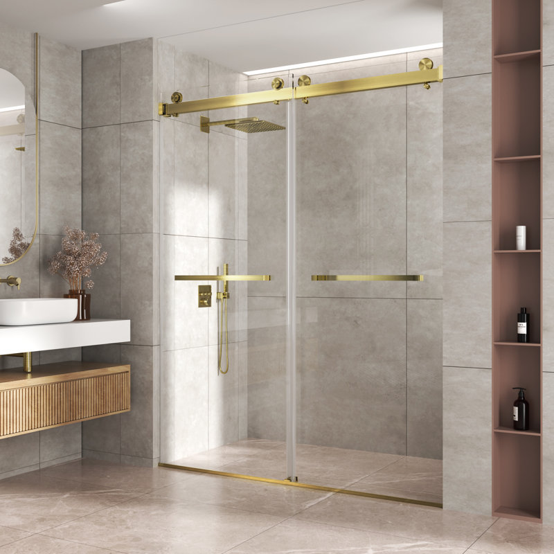 Porte de douche coulissante double 56-60 "x 76" en nickel brossé, verre trempé sans cadre 3/8 ", Or brossé