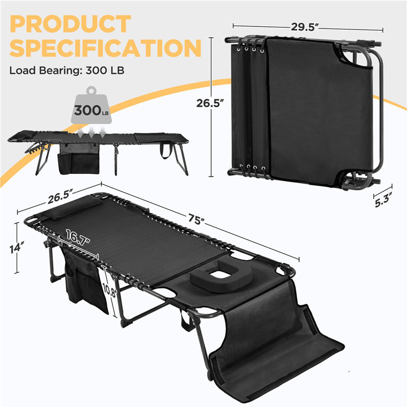 Outdoor Folding Tanning Chair with Removable Cushion and Face Hole, Black