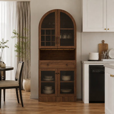 70"Farmhouse Arched Wine Bar Cabinet: Tall Arched Display Cabinet,Arch Cabinets &Coffee Bar With Wine Rack And Wine Glass Holder - Liquor Bars Cabinet