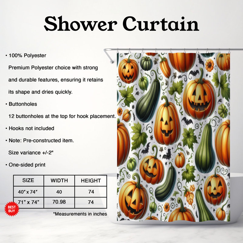 Halloween Gourdes - rideau de douche standard 1 pièce, H 74 po x l 71 po