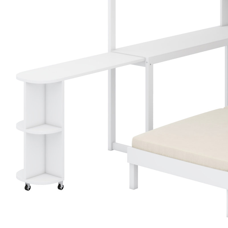 Modern Loft Bed Setup with Workstation, Bedside Shelf, Seating Sofa, and Lighting Element, White