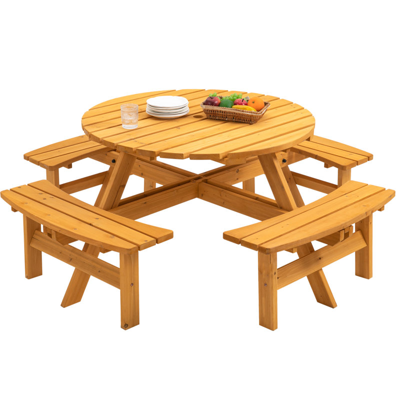Table de pique-nique pour 8 personnes avec 4 bancs intégrés pour recevoir