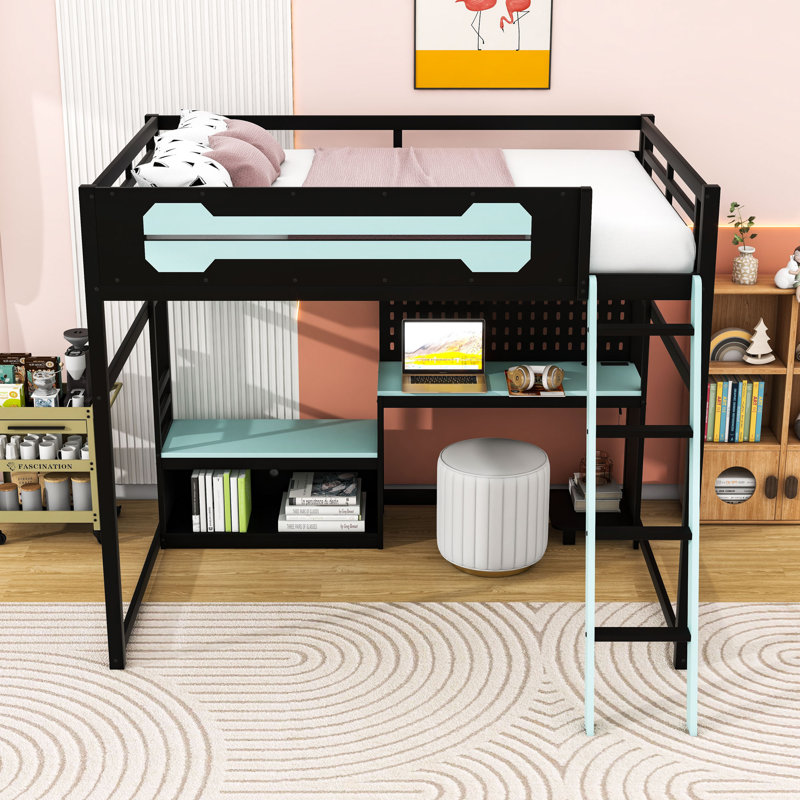 Lit mezzanine double avec bureau, lumières DEL, ports USB et panneau perforé personnalisable, Noir / Bleu