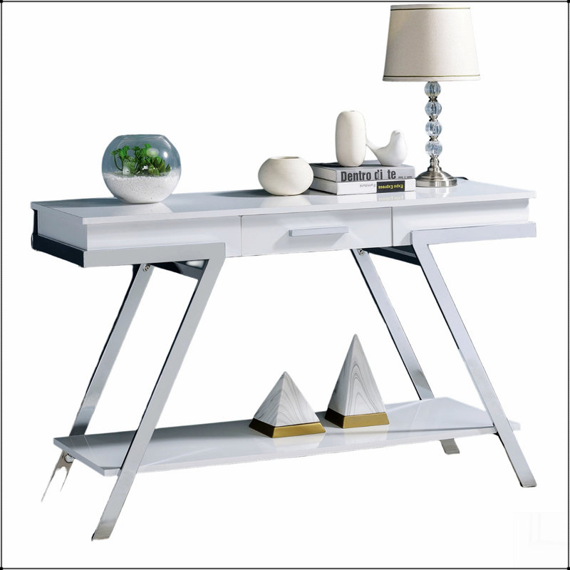 Contemporary Style White 1pc Sofa Table High Gloss Finish Chrome Frame