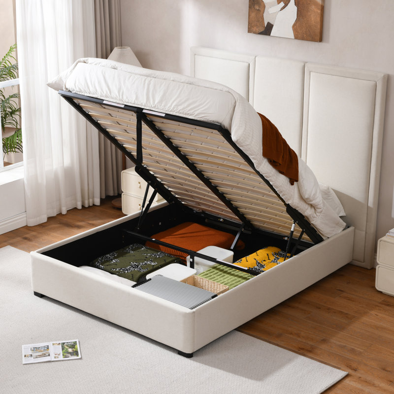 Upholstered Storage Bed With Oversized Headboard, Beige, Queen