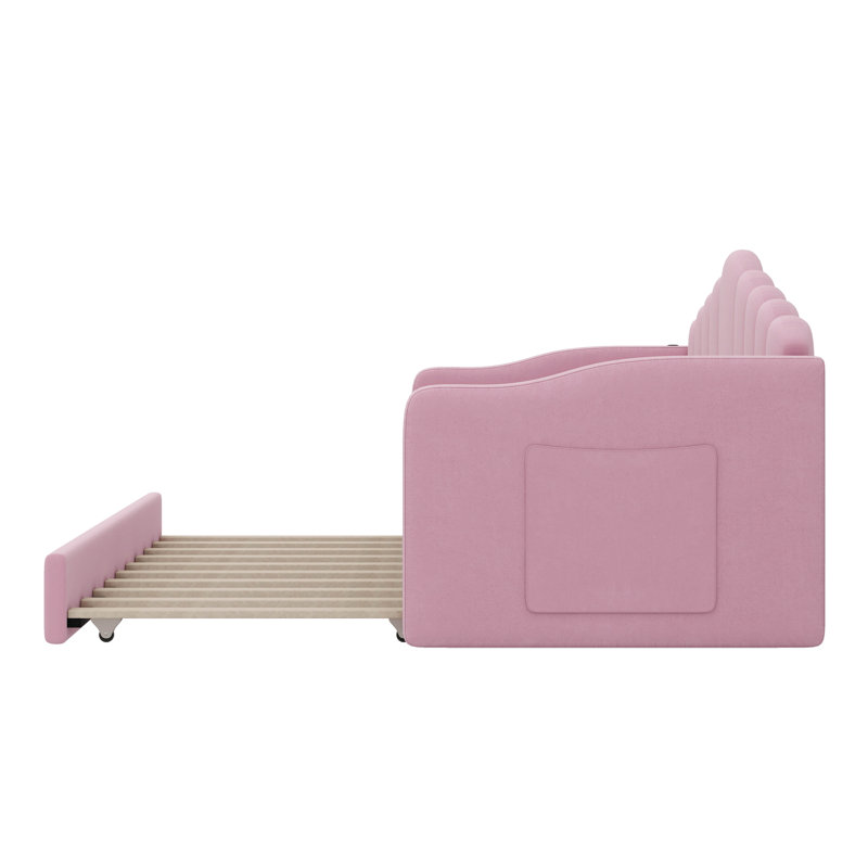 Twin-Size Upholstered Daybed With Trundle, Plush Velvet Sofabed Equipped With USB Charging Ports