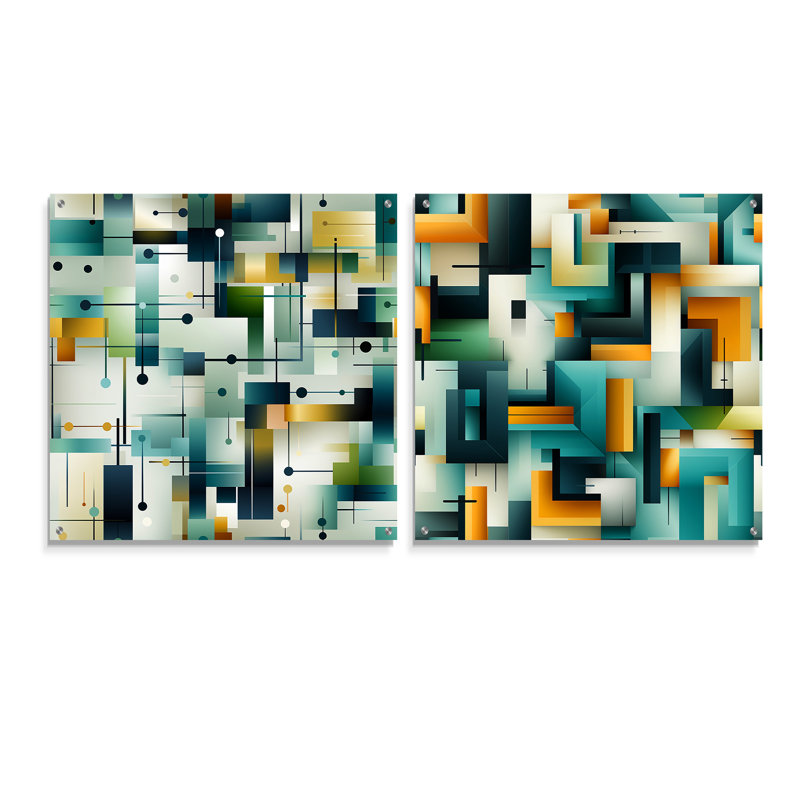 Green Cubic  Oasis Geometric - Abstract Geometric Acrylic Wall Art Glass Set Of 2, 36" H x 73" W