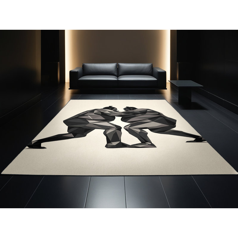 Machine Washable Aust Sumo Wrestlers Modern Geometric Rug in Beige – Black Binding, 2x3