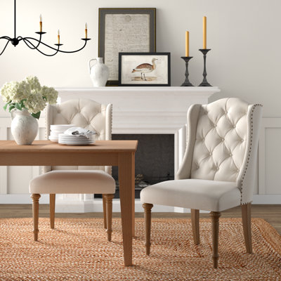 Kennell Tufted Linen Upholstered Wingback Side Chair in Beige