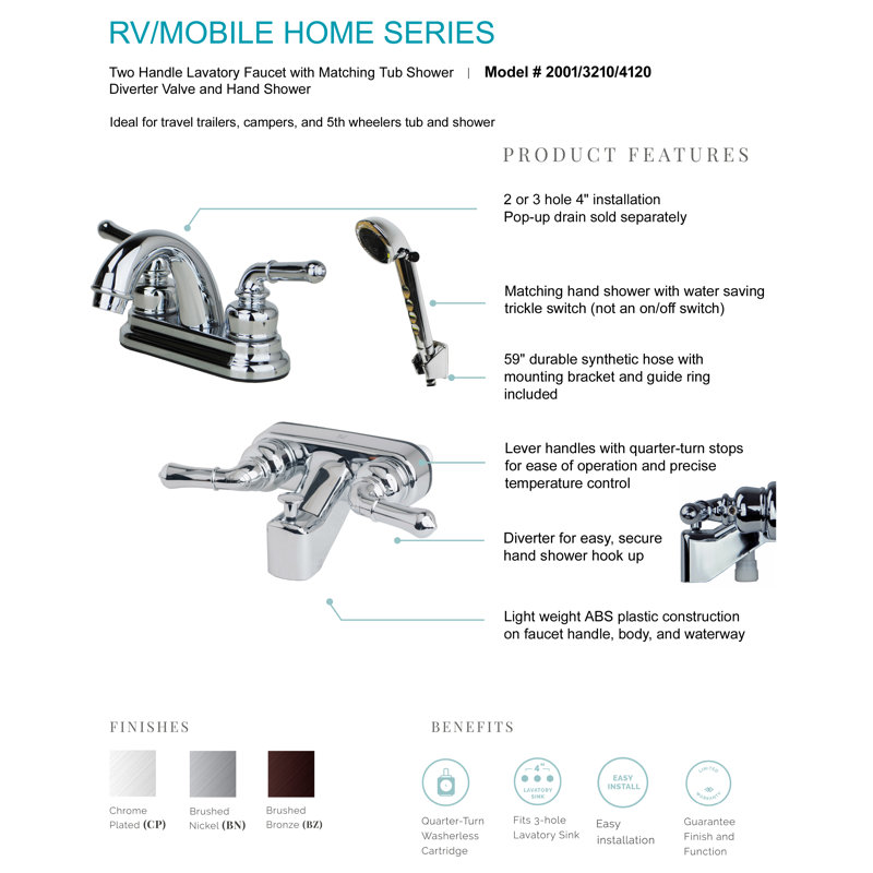 RV/Motorhome Non-Metallic Lavatory Faucet with Matching Tub Shower Diverter and Hand Shower Set, Chrome