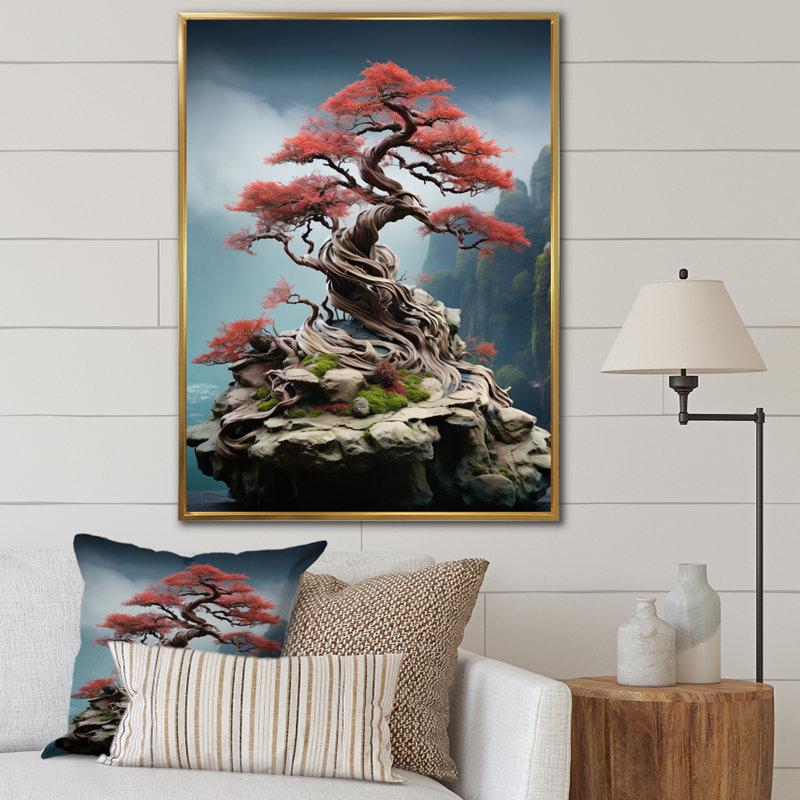 Art asiatique, sagesse bonsaï VI, H 40 po x l 30 po x P 1,5 po, Toile avec cadre flottant or