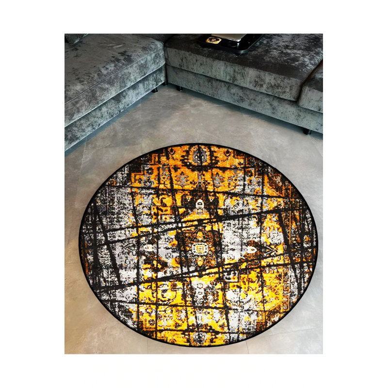 Yellow Beige Black Line Detailed Antique Pattern Woven Base Modern Decorative Carpet, Round 4'