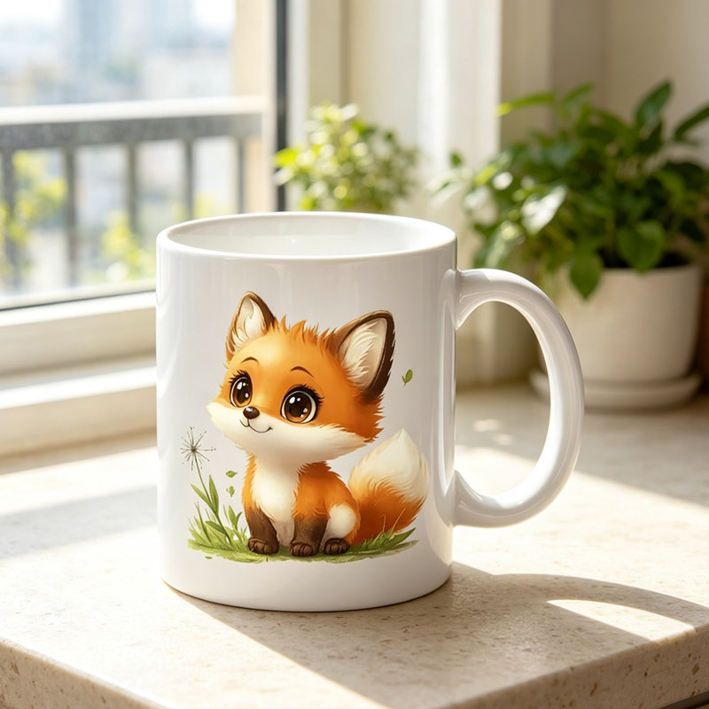 A Charming Ceramic Coffee Mug Featuring a Playful Orange Fox Surrounded by Green Leaves And Dandelions, Perfect for Halloween.