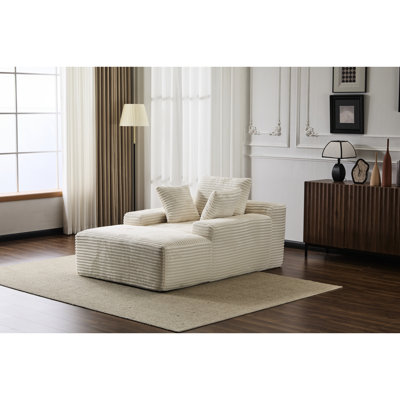 Chaise longue blanche avec revêtement en velours côtelé, 3 coussins décoratifs, accoudoirs larges, support ergonomique, mousse à mémoire de forme, fauteuil moderne surdimensionné sans assemblage pour se détendre à la maison, rembourrage en mousse, forme, espace de vie