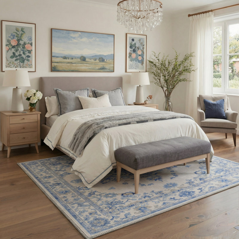 Floria Floral Machine Washable Powder Blue Indoor Area Rug with Non-Slip Backing, Rectangle 9' x 12'