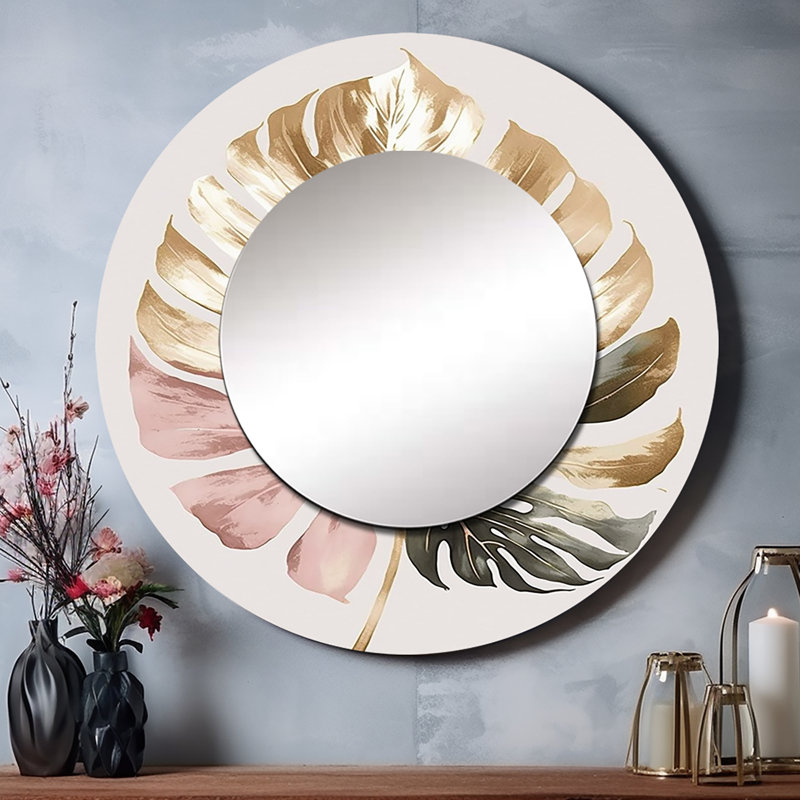 Somya or et blanc feuille de Philodendron II - miroir mural décoratif floral, miroir rond traditionnel, impression d'art en métal