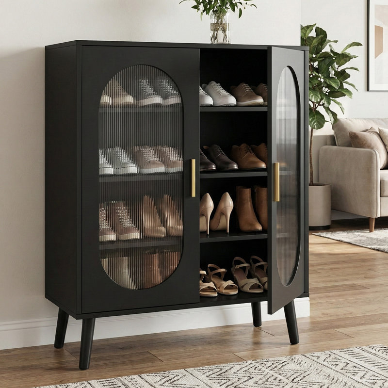 Armoire à chaussures 2 portes avec bande lumineuse à DEL USB, 4 tablettes intérieures et 24 lumières réglables, Noir