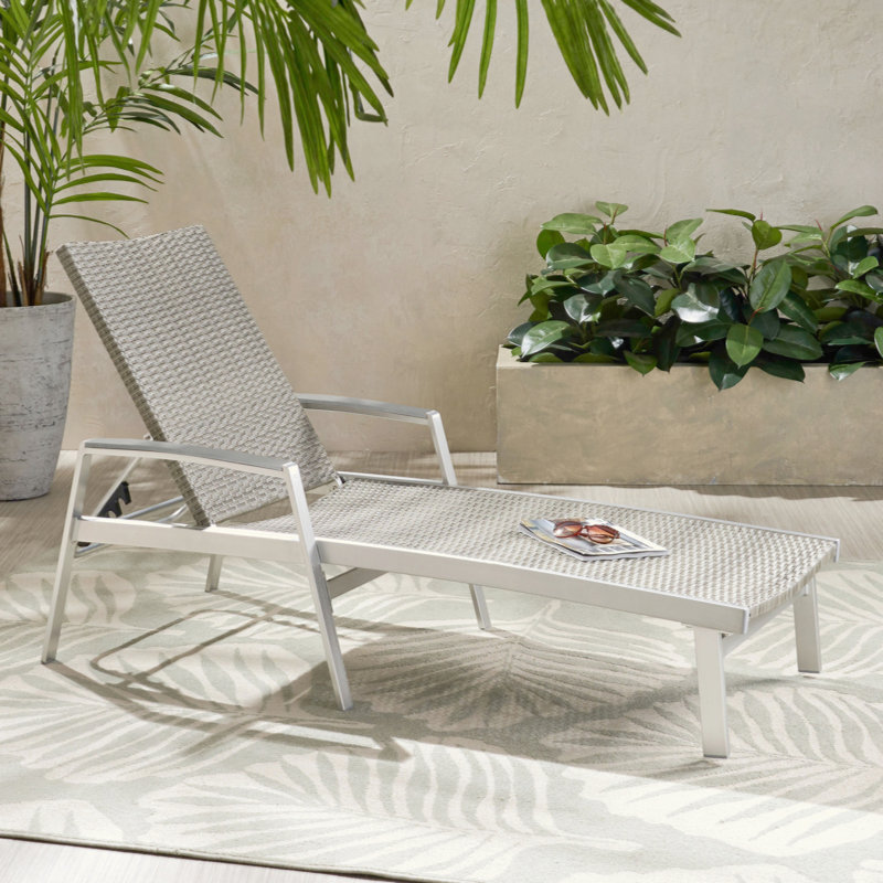 Rust Proof Aluminum Frame Outdoor Lounge Chair, Wicker Mesh Recliner with Armrest for Patio Backyard (No Umbrella), Dark Gray