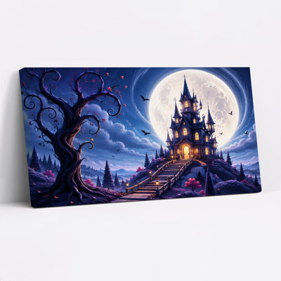 Château gothique sous la pleine lune près d'un arbre tordu - Toile murale d'Halloween