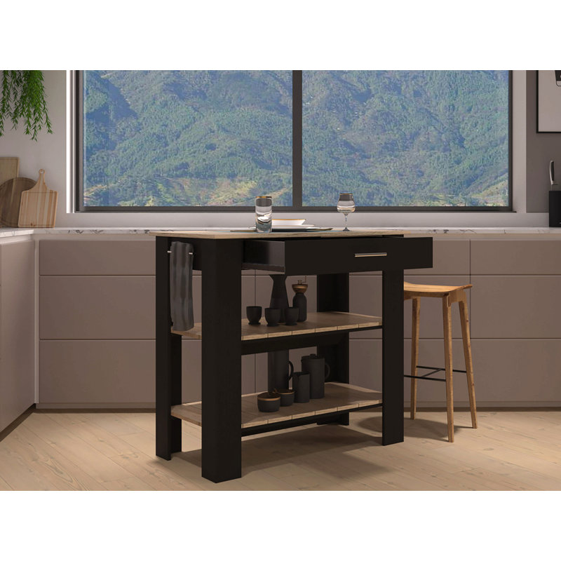 Îlot de cuisine H 37 po, deux tablettes de rangement ouvertes, un tiroir, quatre pieds, support à serviettes, chêne noir / clair