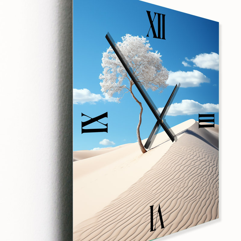 Arbre sur dune blanche Solitude I - Horloge murale moderne bord de mer, Grand