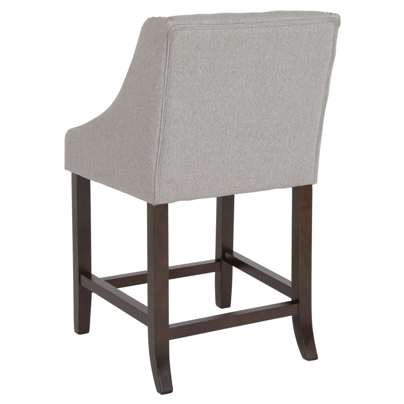 Light Gray Tufted Walnut Wood Counter Stools with Nail Trim, Set of 2