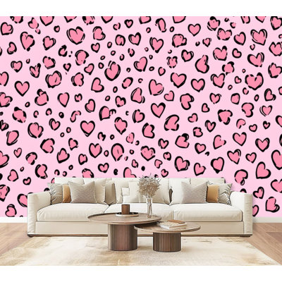 Papier peint adhésif peler et coller cœur rose imprimé léopard noir ludique, contour 69 po x l 96 po, amovible, papier peint mural en PVC pour chambre à coucher, bureau à domicile