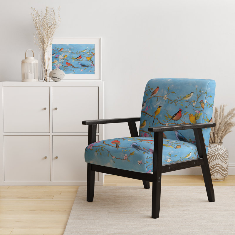Fauteuil rembourré en velours multicolore Bird On Tree, Mélange de polyester bleu, Noir